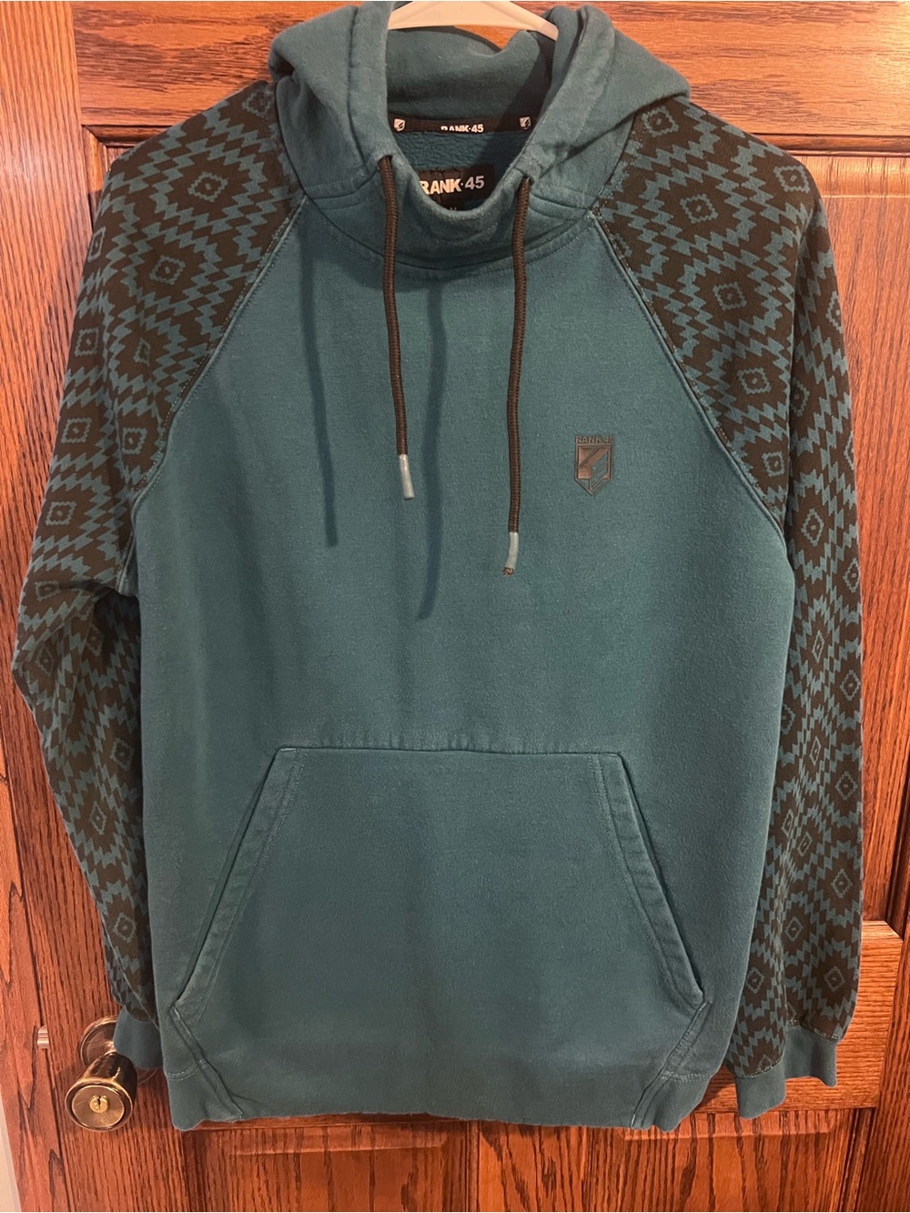 Frank 45 Teal Hooded Pullover with Patterned Sleeves